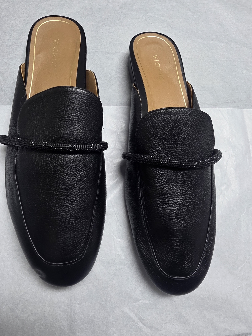 Vionic Black Leather Slip-On Beaded Strap Mules